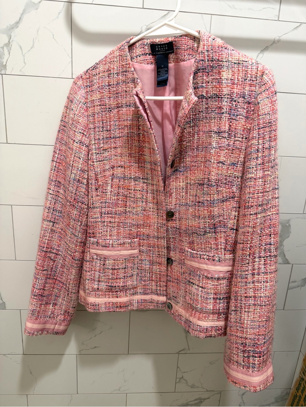 Crazy Horse Liz Claiborne Pink Multi-Tone Tweed Collarless Blazer